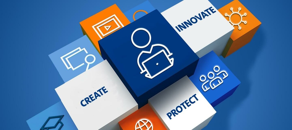 Verschiedene farbige Blöcke mit Symbolen und Texten wie Create, Protect, Innovate, darstellen Zusammenarbeit und Innovation.